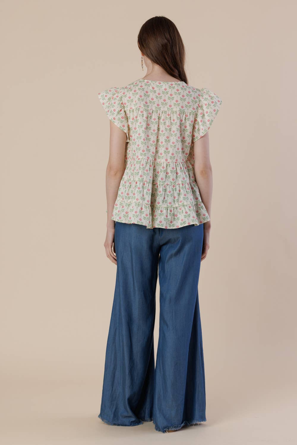 Floral Flutter Sleeve Tiered Blouse with Split Neck