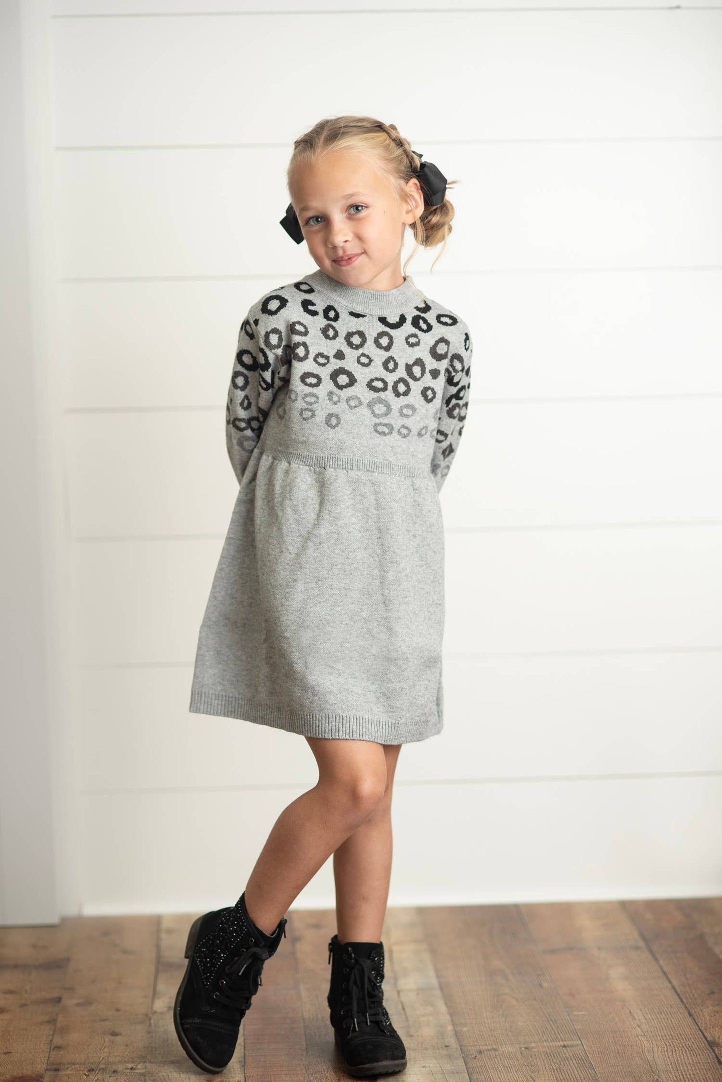 Kids Gray & Black Leopard Print Long Sleeve Sweater Dress
