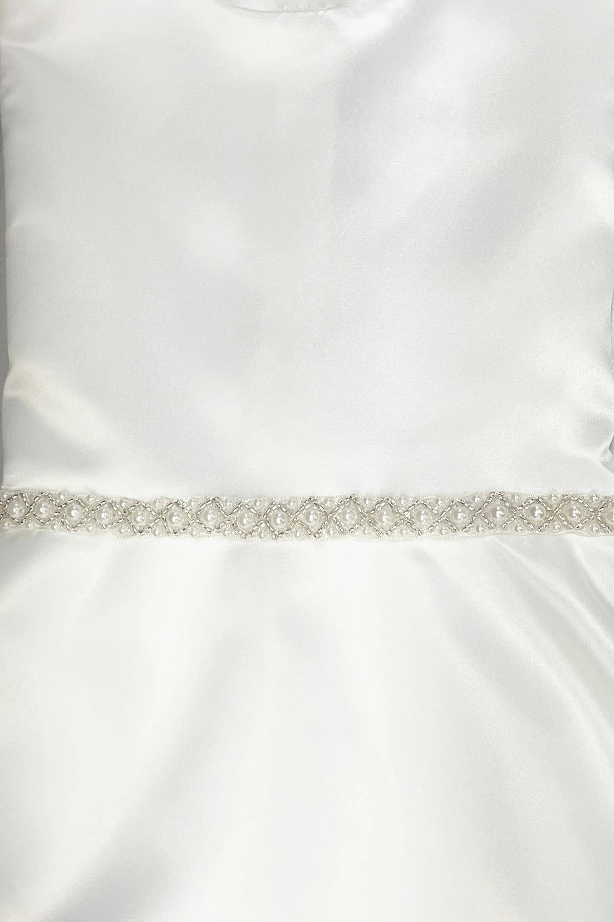 Long Satin Pearl Trim Girls Communion Dress