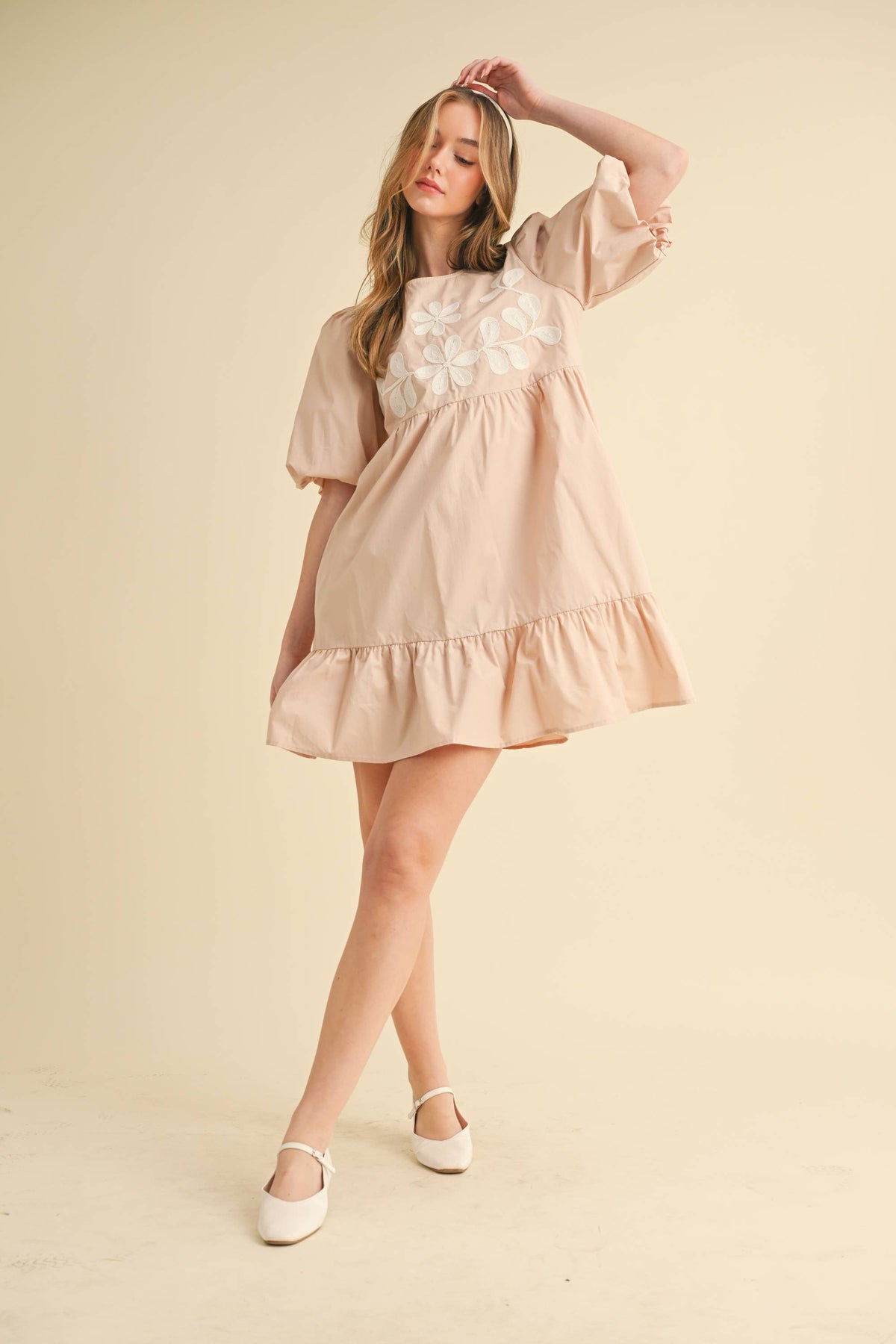 Almond DOUBLE PUFF SLEEVE SHIRRED A-LINE MIDI DRESS