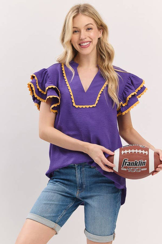 Game day Ruffle Sleeve Scallop Trim Top
