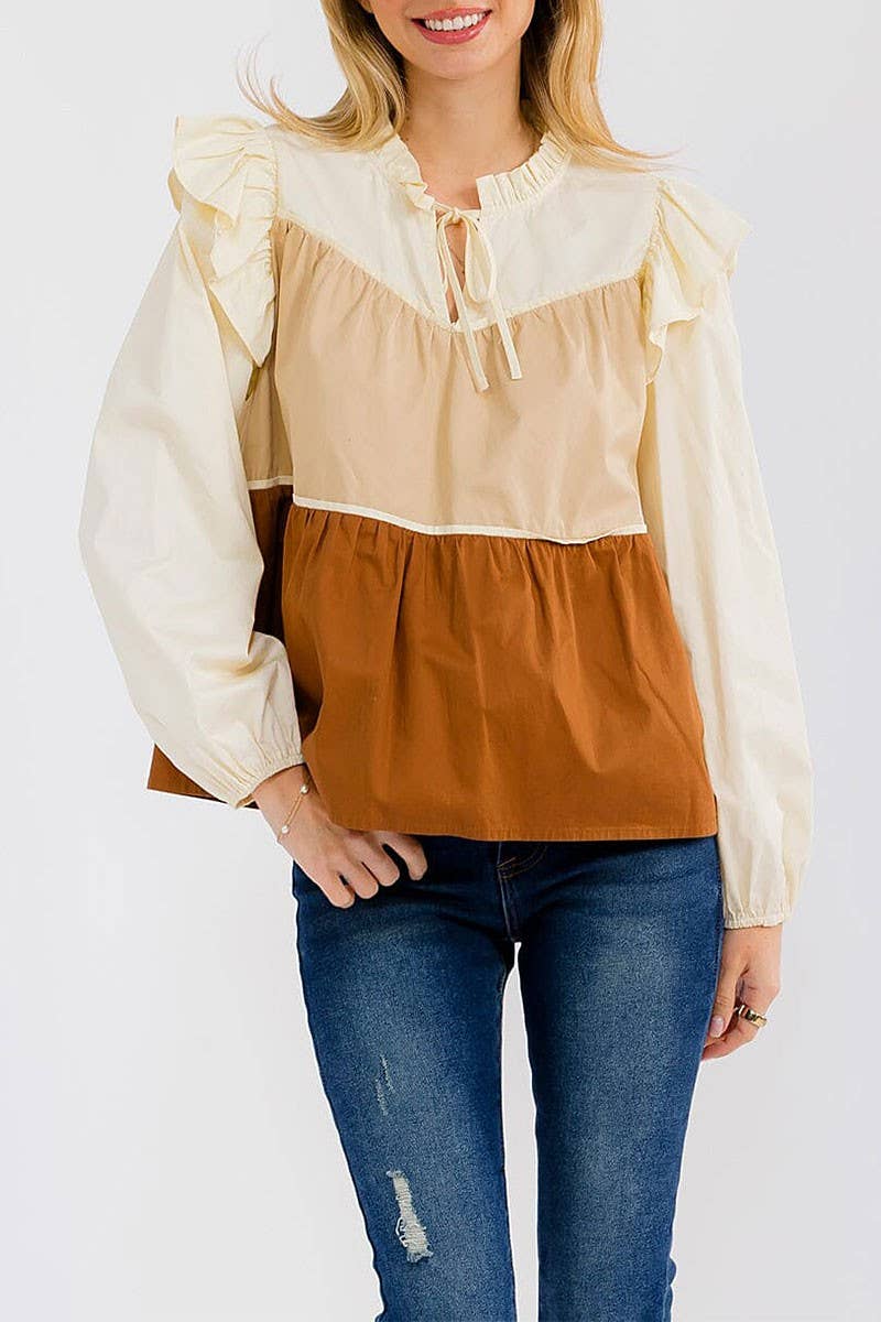 LONG SLEEVE V-NECK TIERED COLORBLOCK BLOUSE