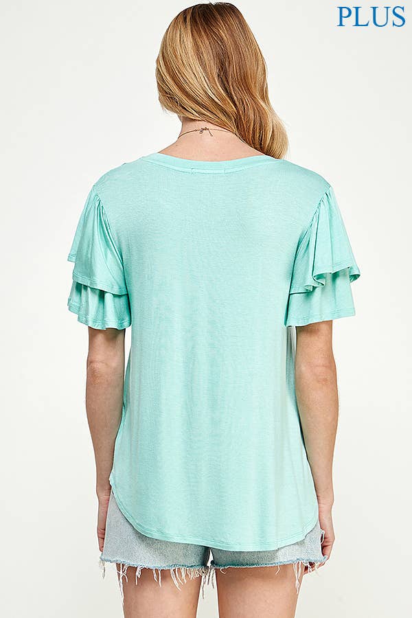 Plus Round Neck Semi Loose Ruffle Sleeve Top