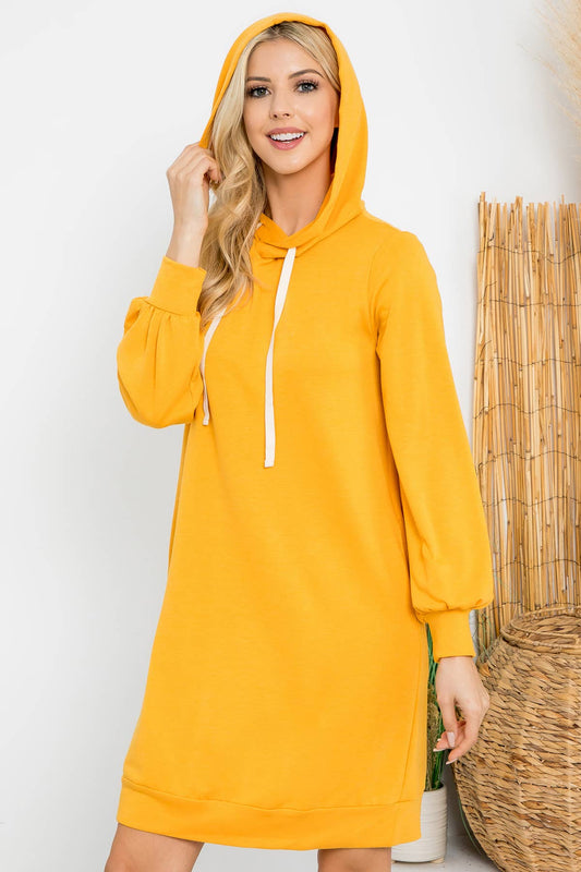 FRENCH TERRY LONG PUFF SLEEVE HOODIE DRESS