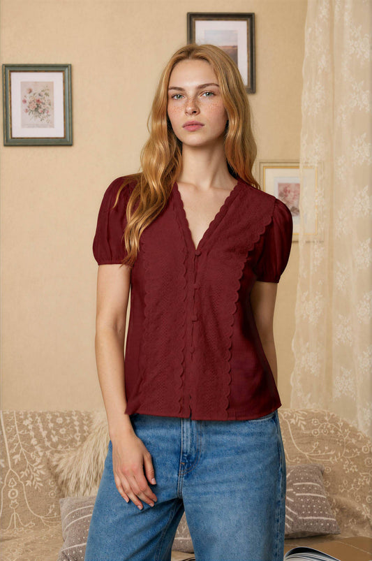 LACE DETAIL PUFF SLEEVE BUTTON DOWN BLOUSE (Multiple Colors)