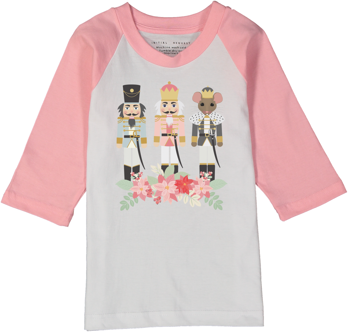 Pink Raglan Christmas Floral Nutcrackers Holiday Tee for Kids