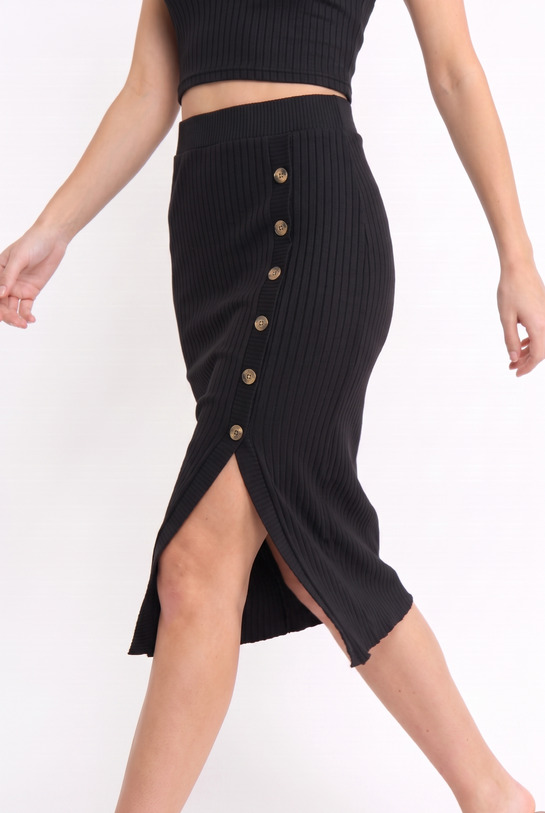 Ribbed Knit Button Slit Midi Skirt