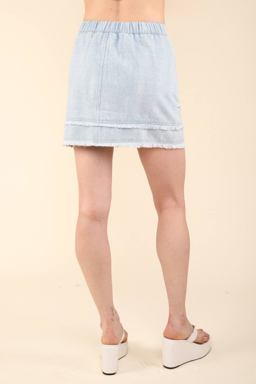 Washed Denim Frayed Hem Mini Skirt