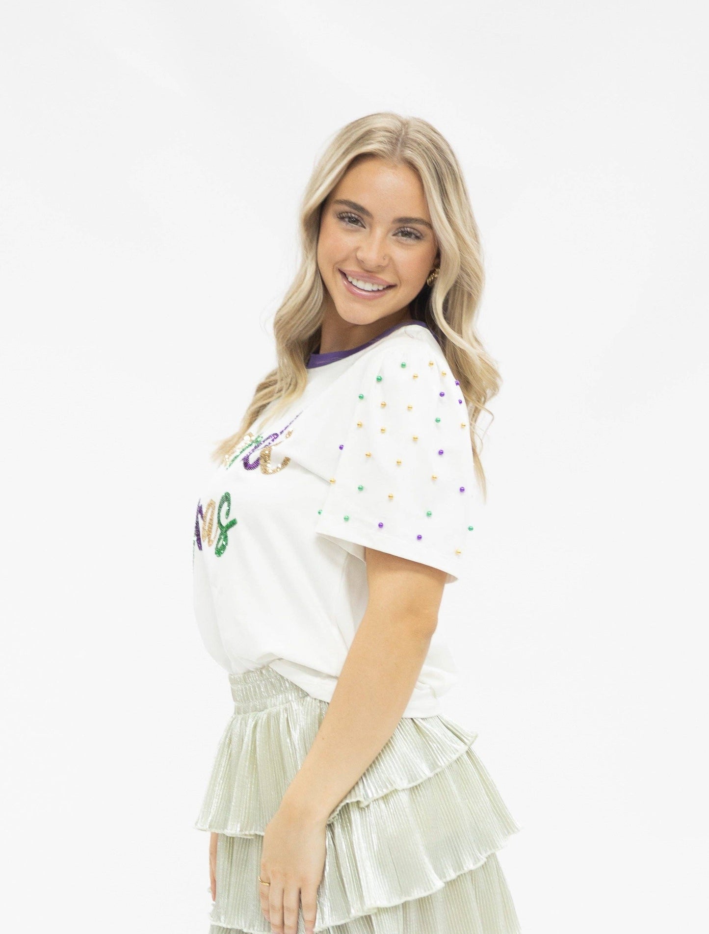 Sequin "Mardi Gras" on White Princess Top
