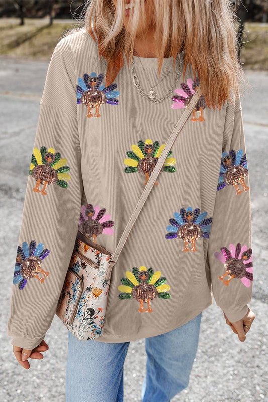 Sequin Turkey Patch Thanksgiving Corduroy Sweatshirt