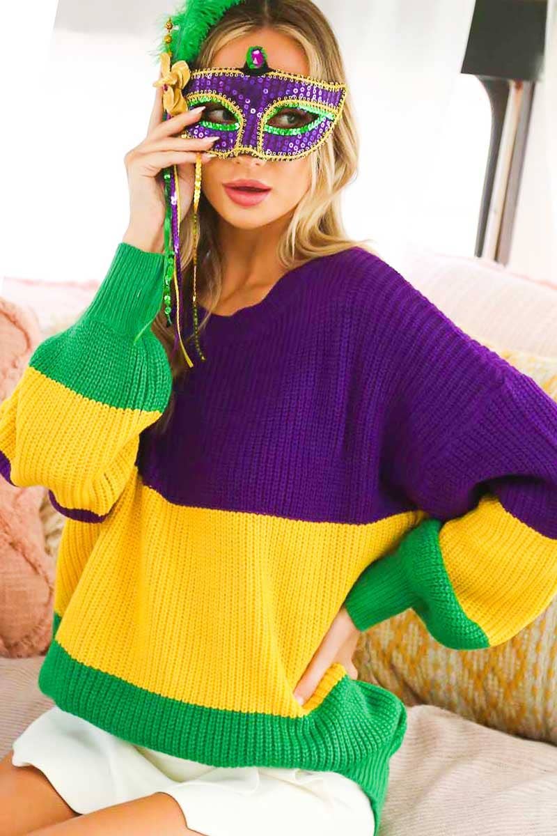 Color block Mardi Gras Round Neck Knitted Sweater