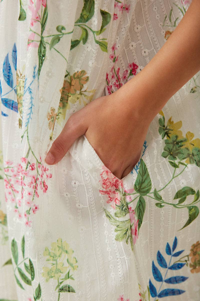 Girls Embroidered Textured Botanical Buttoned Dress