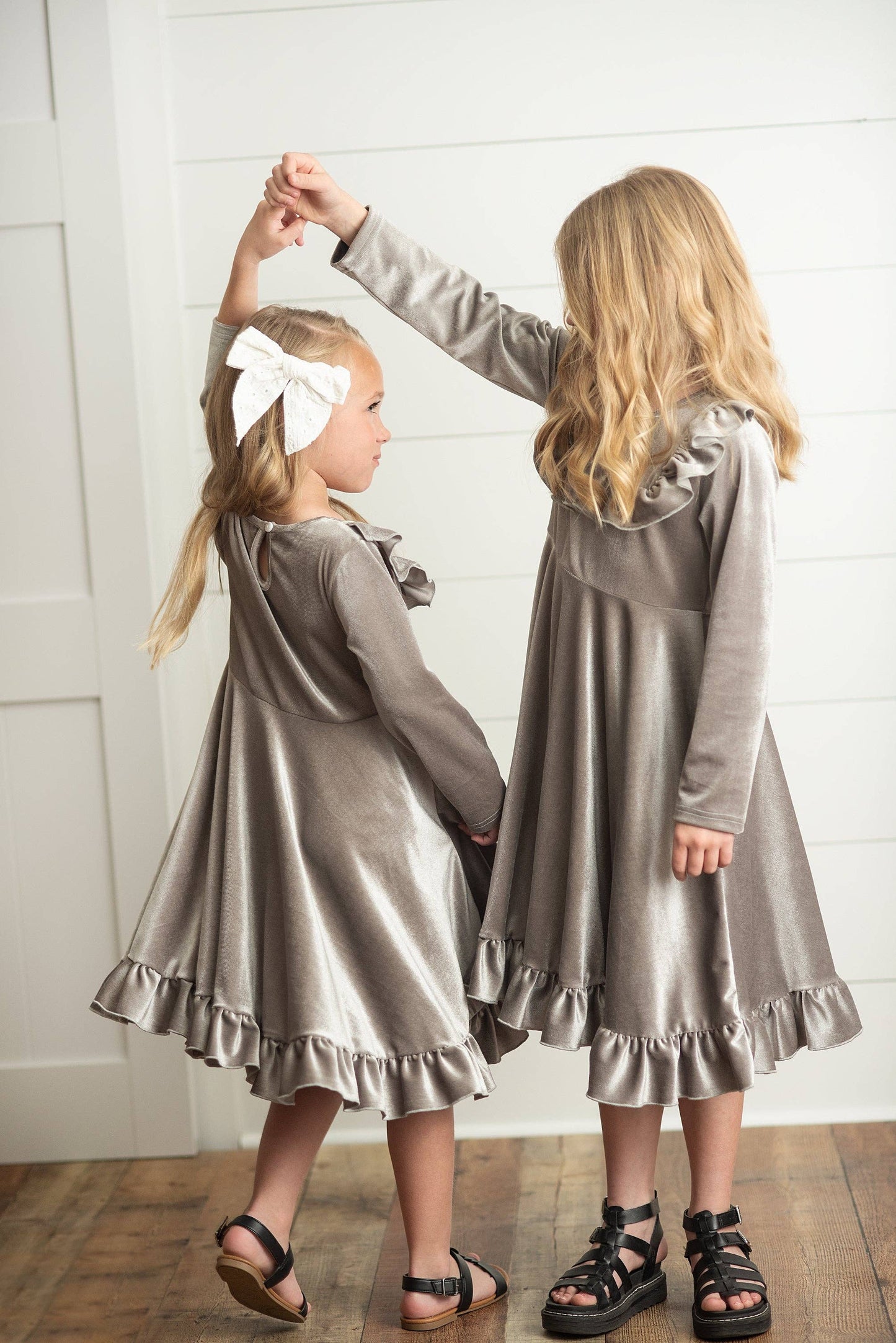 Kids Silver Velvet Ruffle Fancy Party Dress