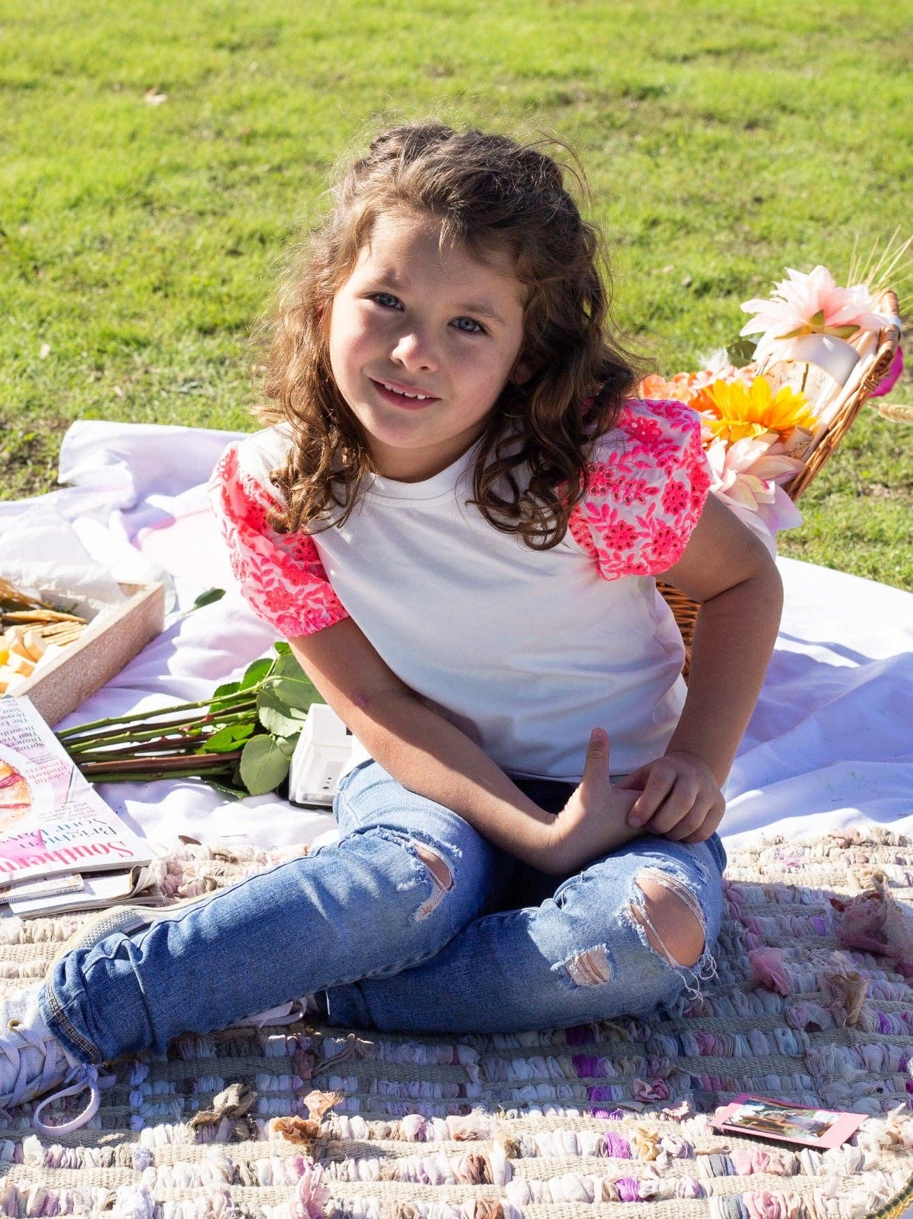 Girls White Top With Pink Eyelet Sleeves