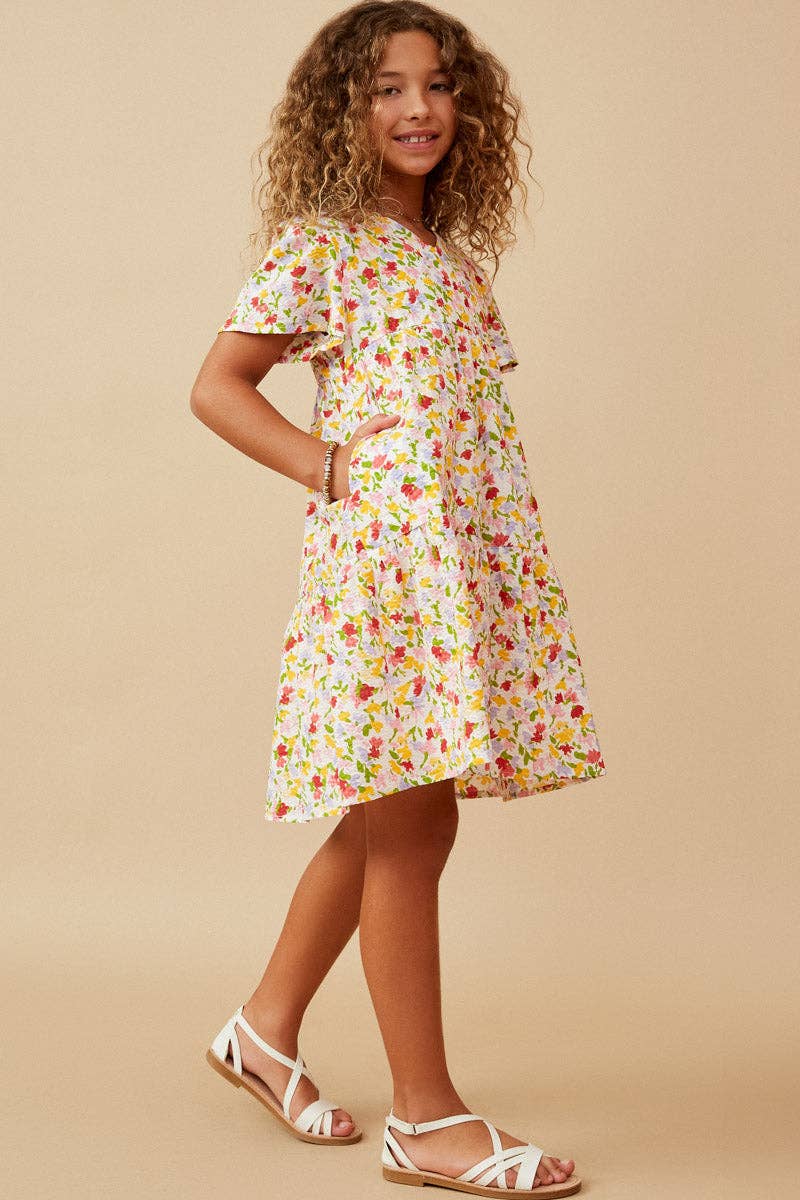 Girls Ditsy Floral V Neck Flutter Sleeve Dress