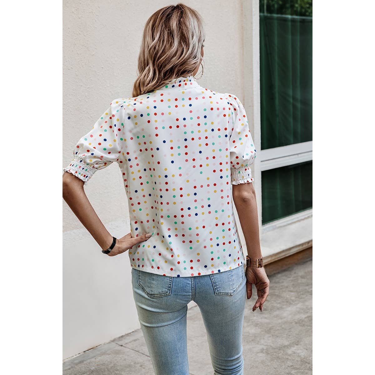 Polka Dot Print Puff Sleeve Loose Shirt