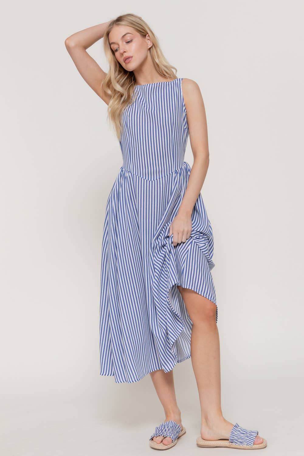 Sleeveless Boat Neck Stripe Print Linen Effect Dress