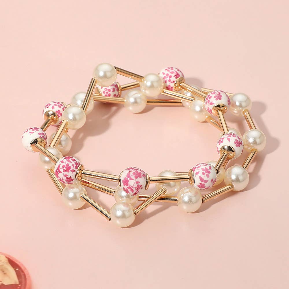 Floral Ceramic Ball Pearl Beaded Stretch Multi Layered Bracelets 3pc