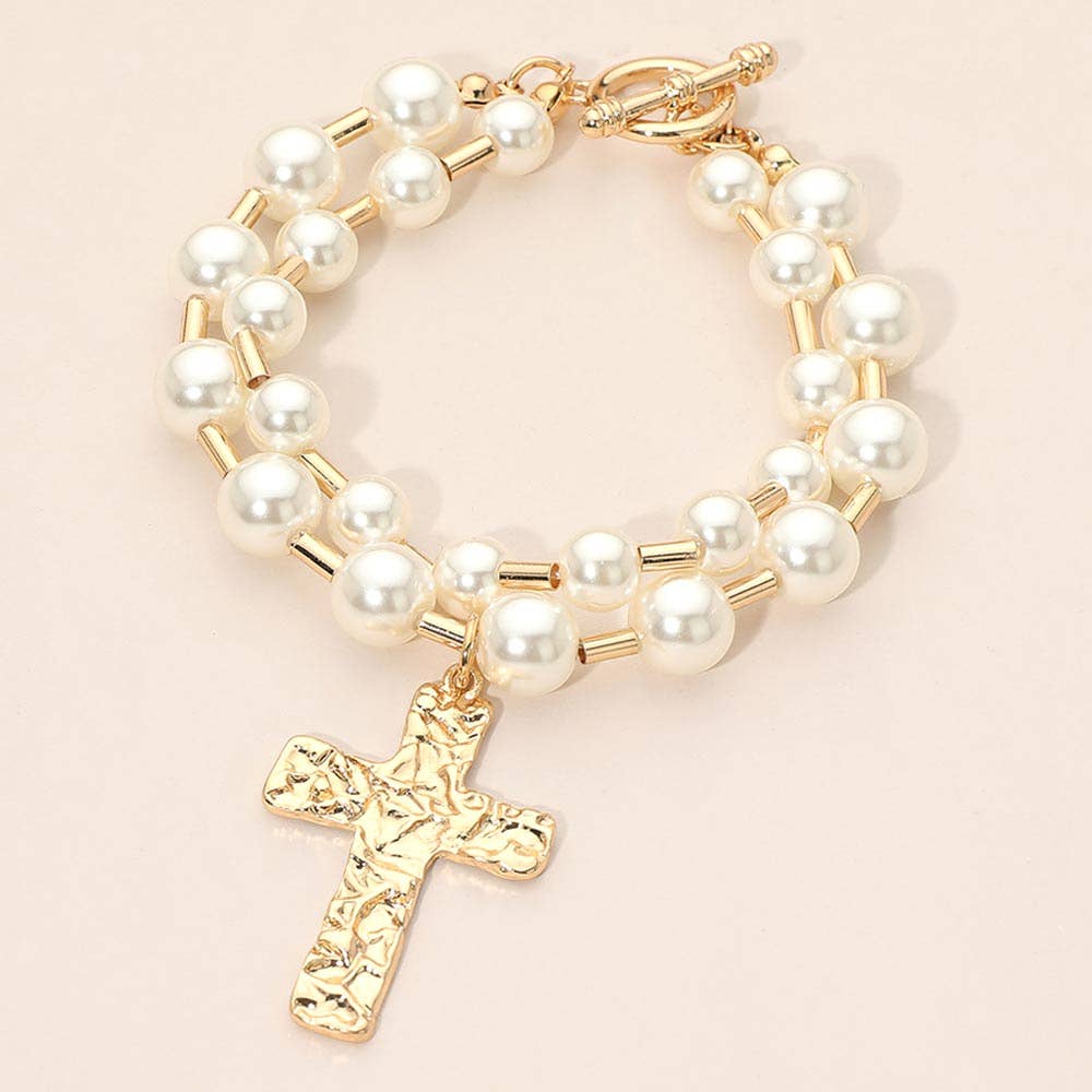 Hammered Metal Cross Charm Layered Pearl Beaded Toggle Bracelet