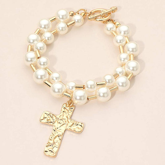 Hammered Metal Cross Charm Layered Pearl Beaded Toggle Bracelet
