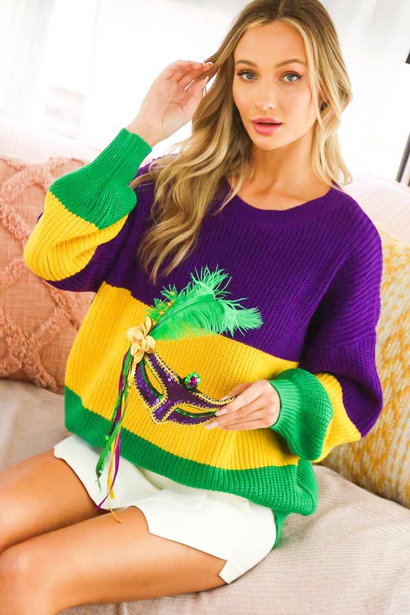 Color block Mardi Gras Round Neck Knitted Sweater