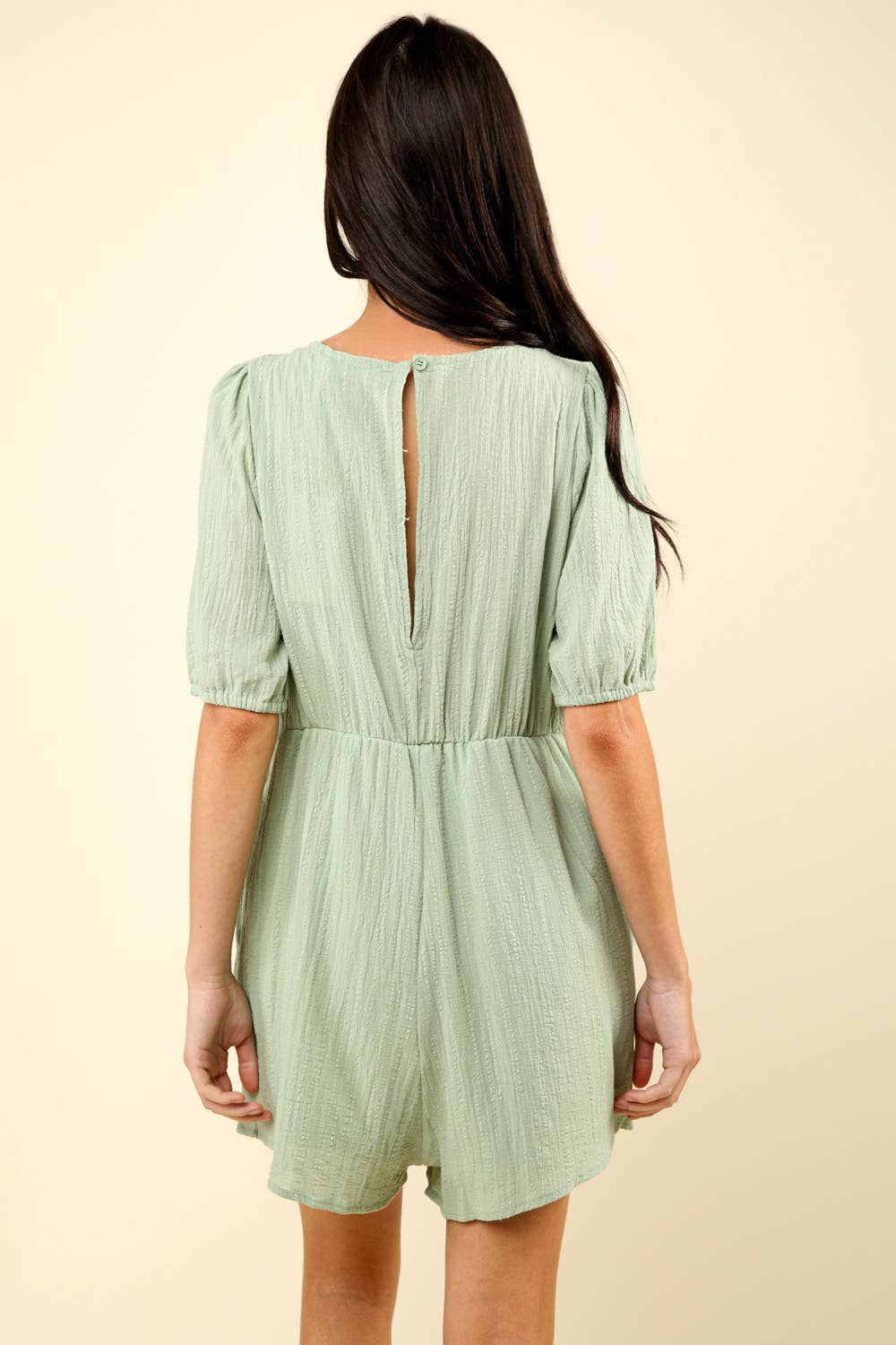 Lace Detail Puff Sleeve Solid Woven Romper