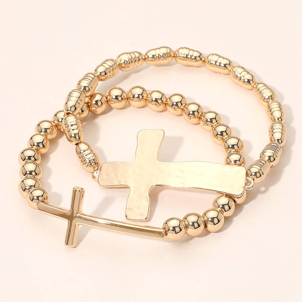 2PCS - Metal Cross Accent Beaded Stretch Multi Layered Bracelet