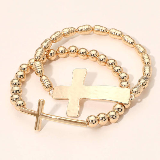 2PCS - Metal Cross Accent Beaded Stretch Multi Layered Bracelet
