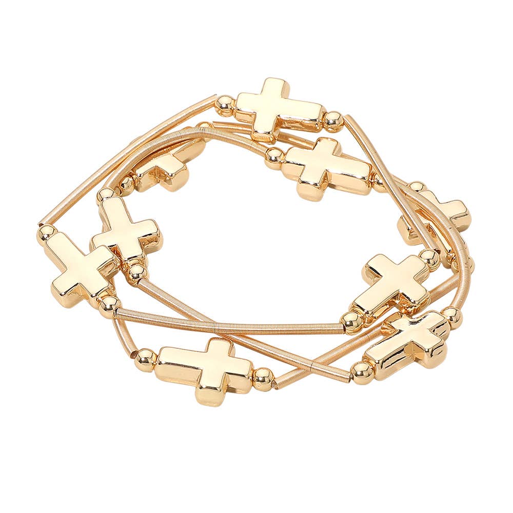 3PCS - Metal Cross Station Stretch Multi Layered Bracelets: Rhodium