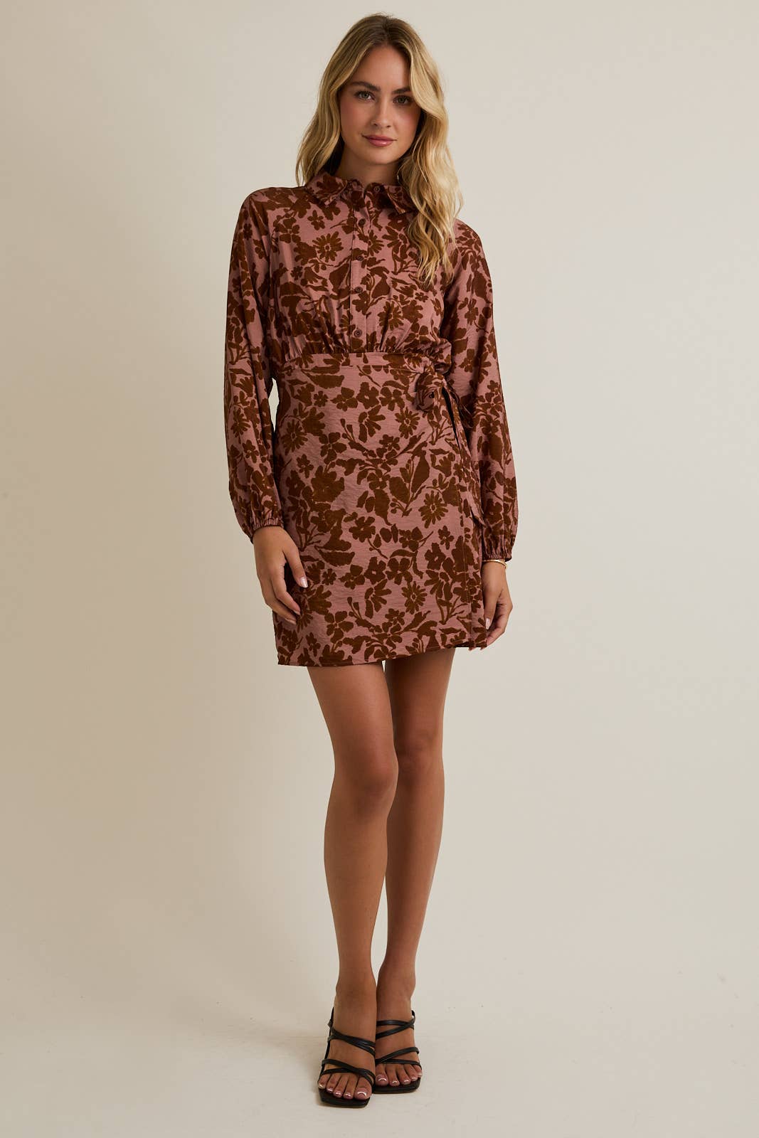 COLLAR BUTTON UP LONG SLEEVE WAIST TIE FLORAL MINI DRESS