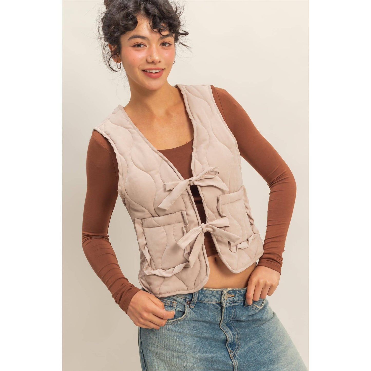 Quilted Vest With Tie-Front And Patch Pockets