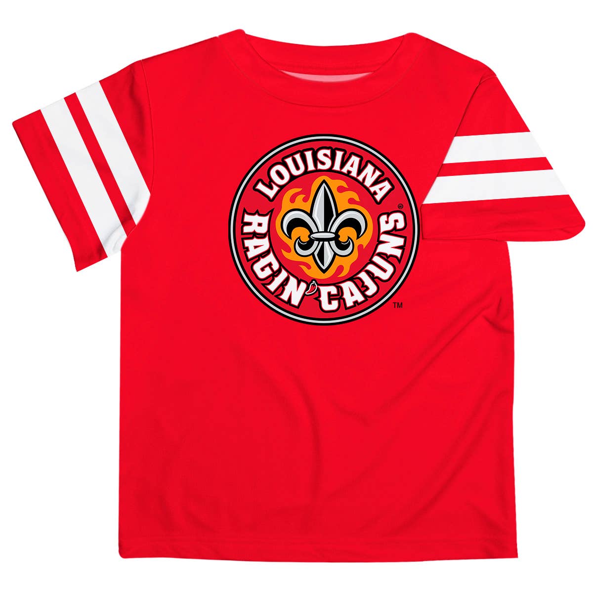 Louisiana Ragin Cajuns Red Tee with Stripes-Sleeves