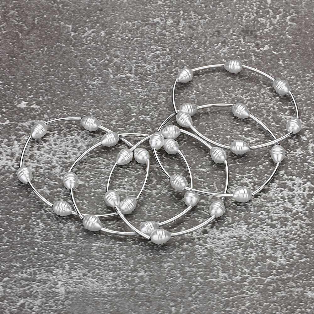 5PCS-Pearl Metal Bar Beaded Stretch Multi Layered Bracelets