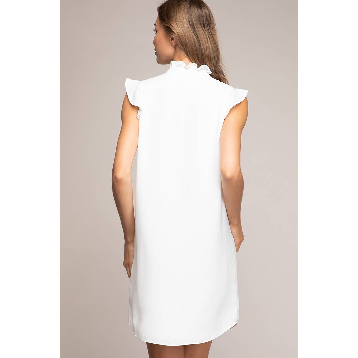 Cascade Ruffle Front Mock Neck Dress