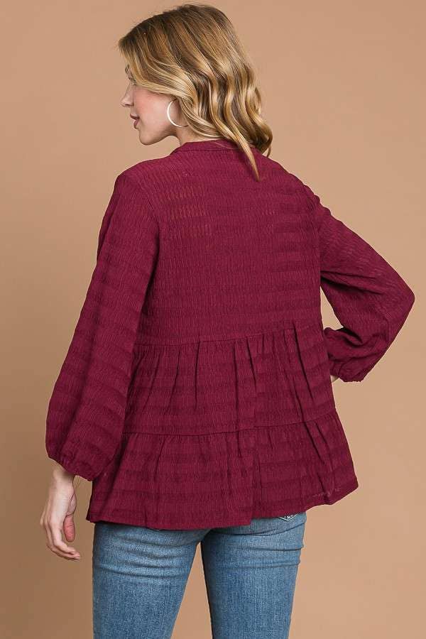 BUTTON DOWN TIERED 3/4 SLV BLOUSE