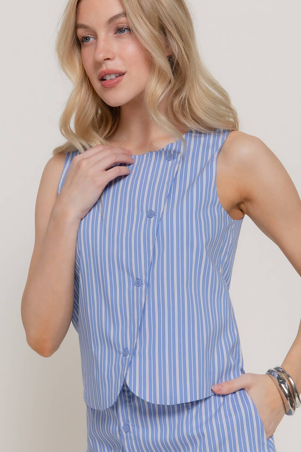 Sleeveless Diagonal Button Closure Striped Poplin Vest Top