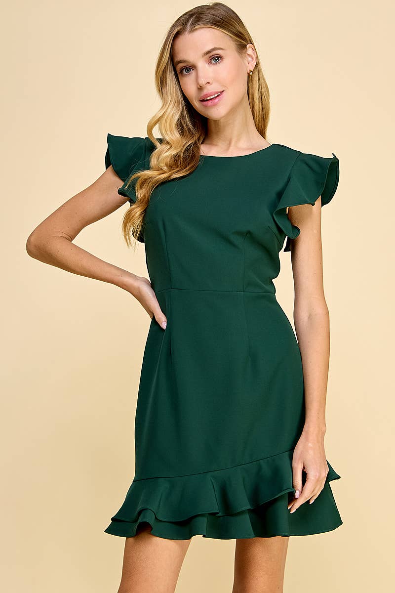 Hunter Green V-Back Ruffled Dress