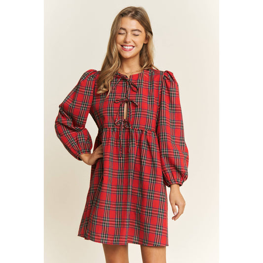 SOFT PLAID WOVEN FABRIC BABYDOLL BOW MINI DRESS