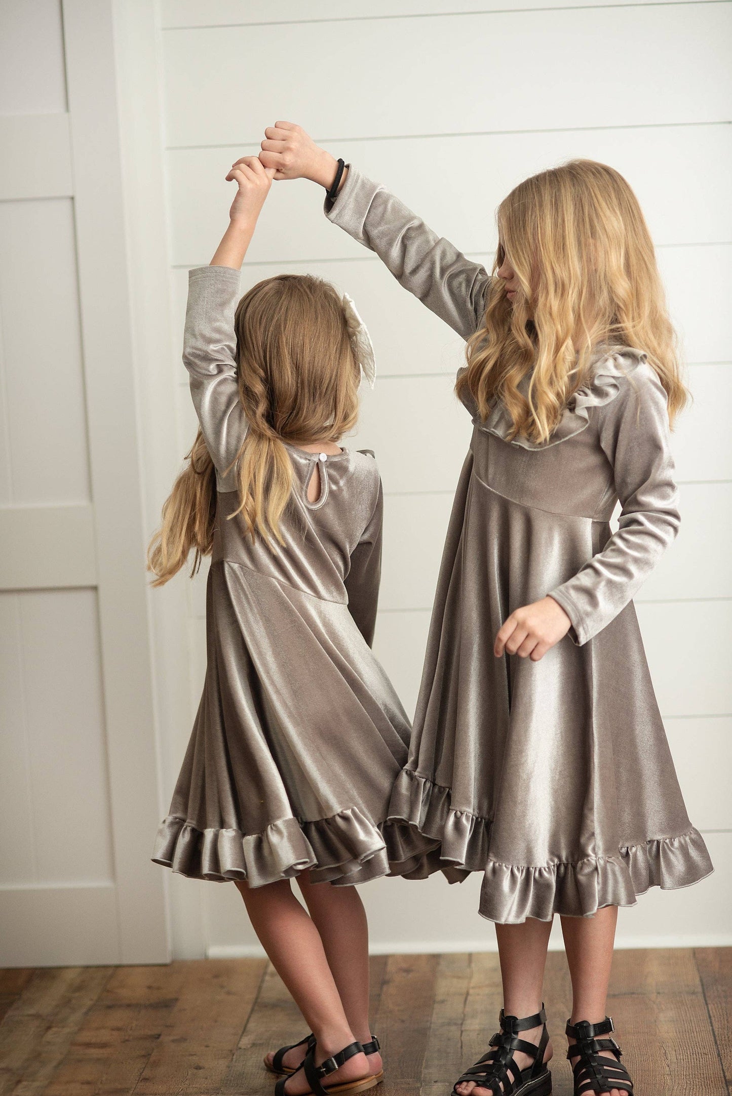 Kids Silver Velvet Ruffle Fancy Party Dress