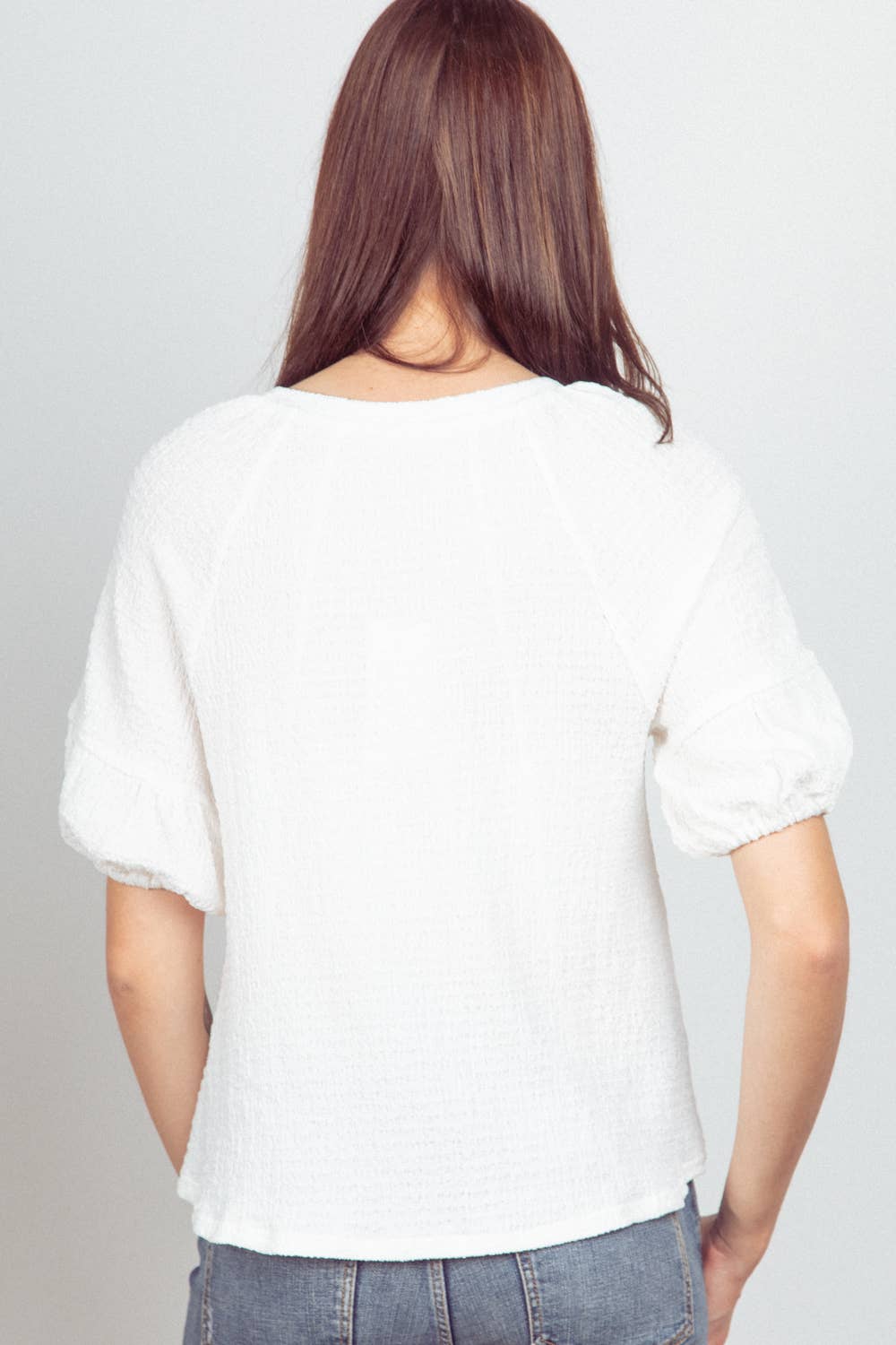 Half Puff Sleeve Crinkle Knit Top