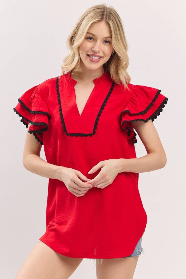 Game day Ruffle Sleeve Scallop Trim Top