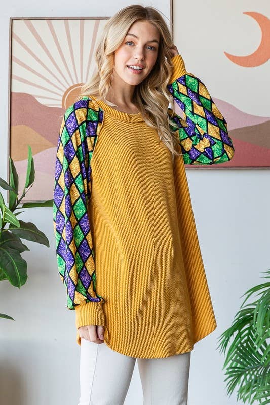 MARDI GRAS LONG SLEEVE URBAN RIBBED TOP ~ Faux Glitter Sleeve