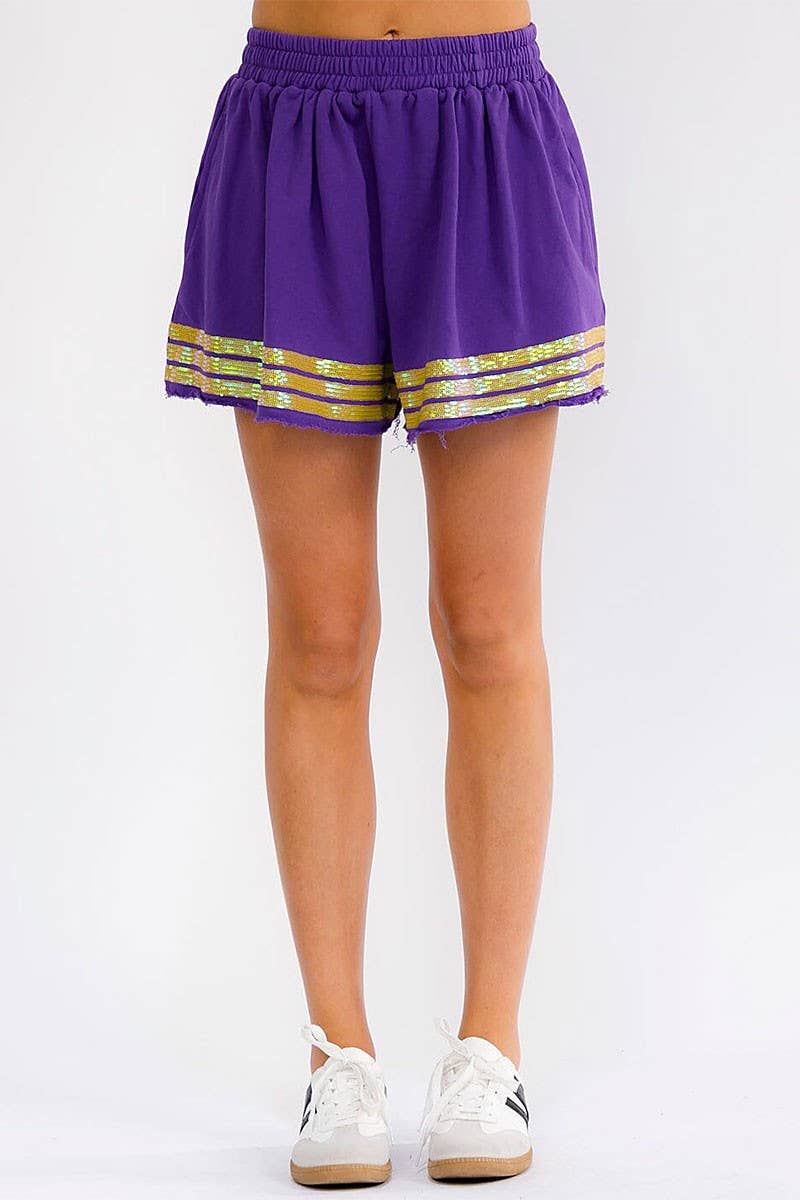 ELASTIC WAIST POCKETS SEQUINS TRIM SHORTS