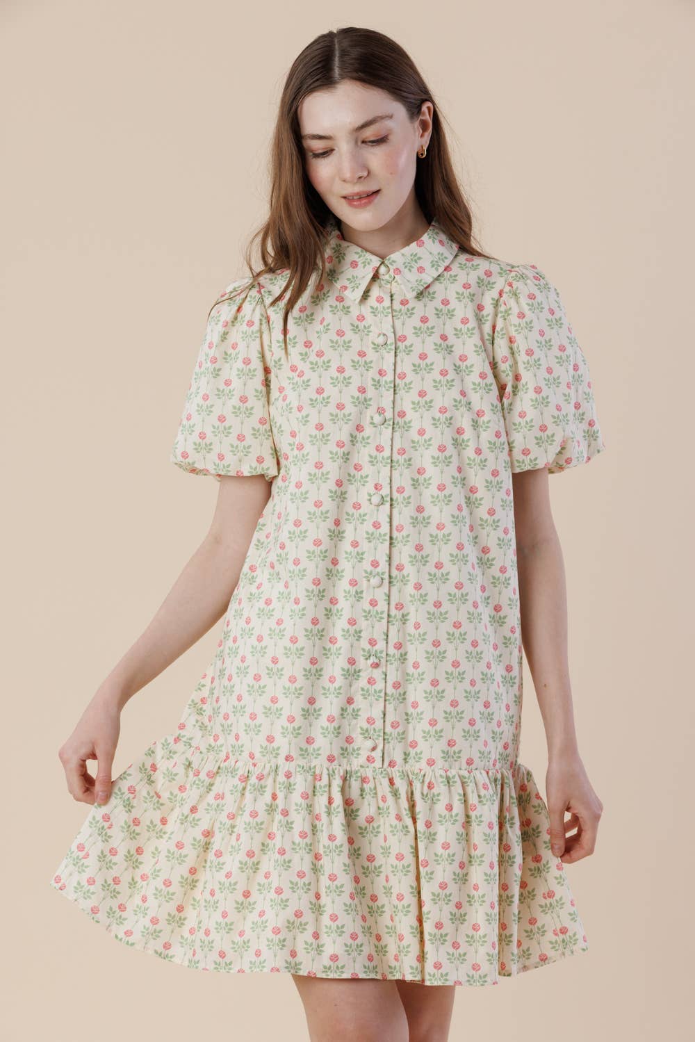 Floral Puff Sleeve Tiered Cotton Mini Dress