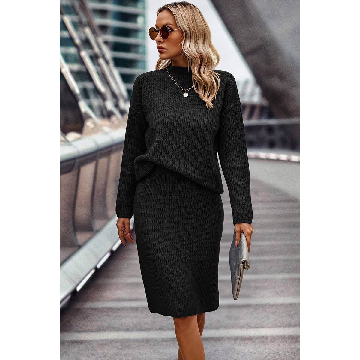 Two Pieces Solid Thick Knit Loose Wrap Dress Set