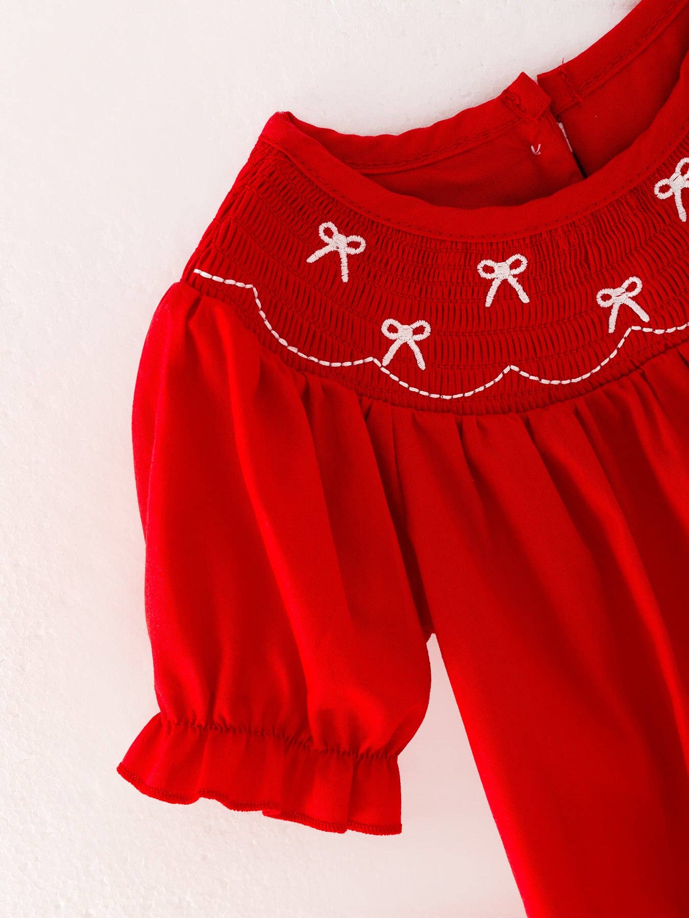 Girls Bow Smocking Embroidered Red Romper