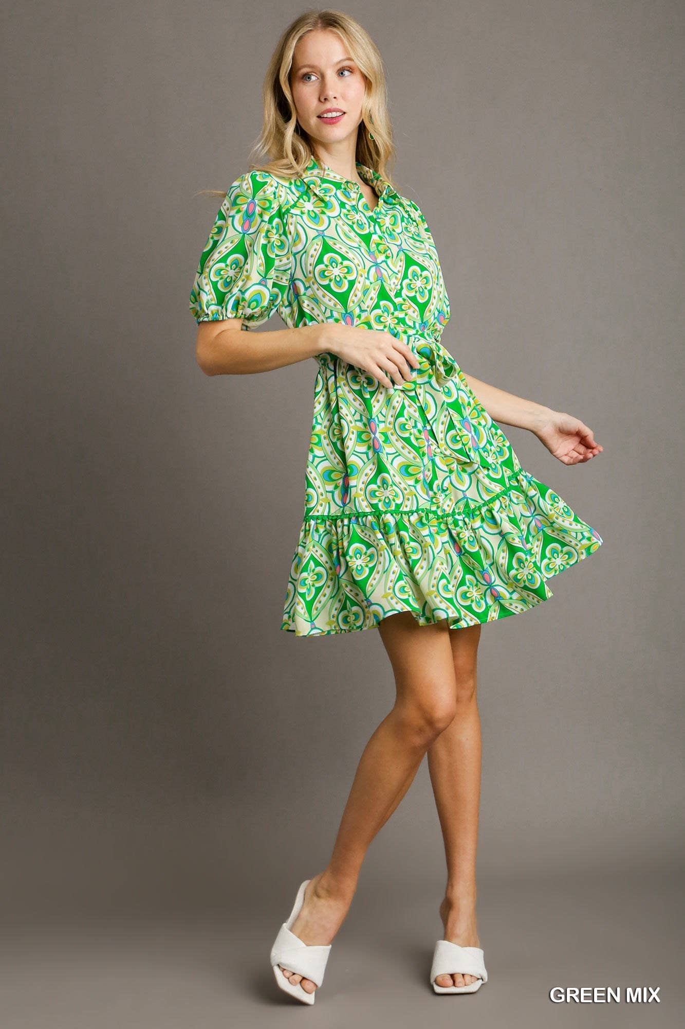 Green Print Collared Button Down Dress