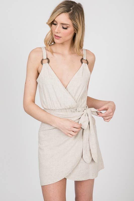 Casual Everyday Wrap Dress with Wood Trim
