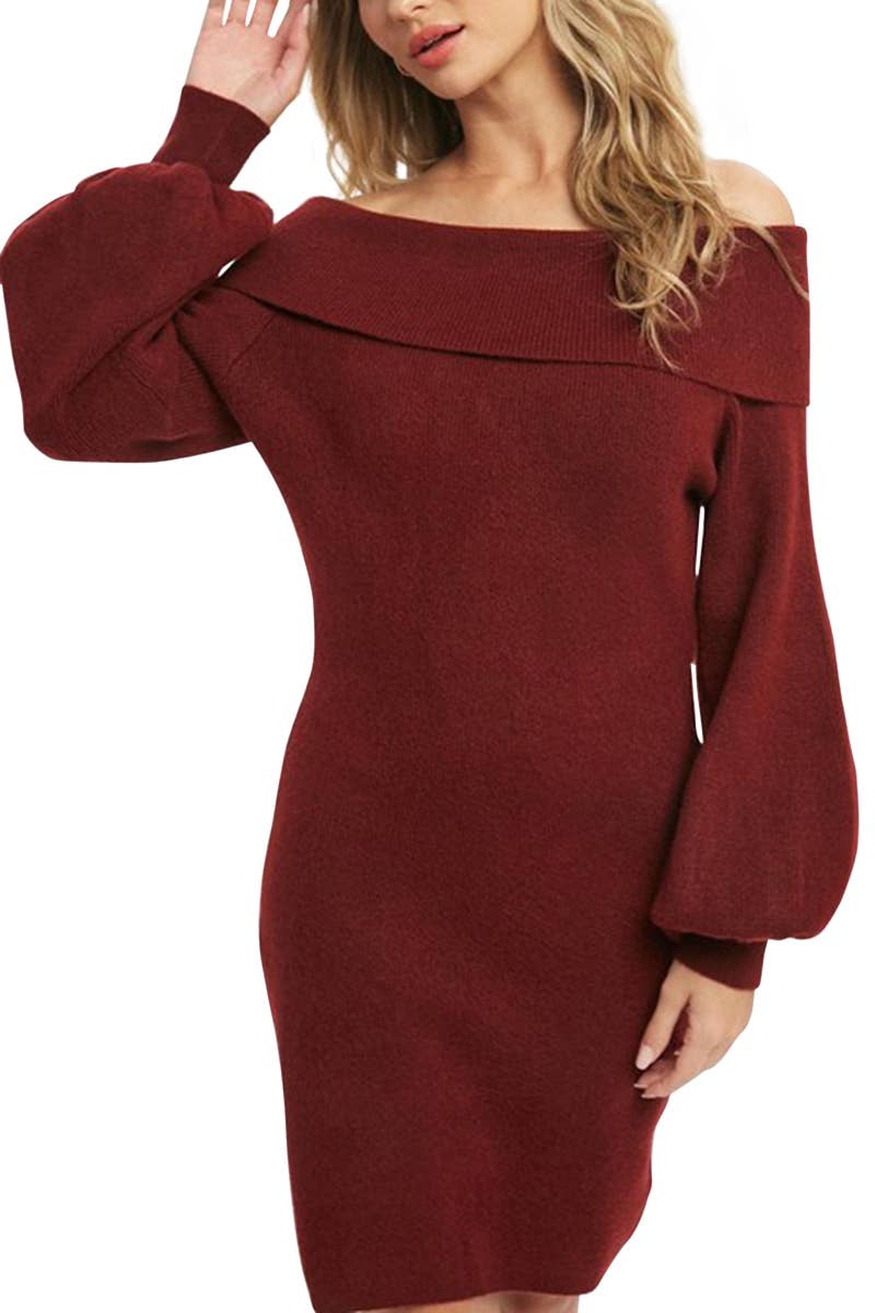 Bubble Sleeve Off Shoulder Sweater Knit Dress