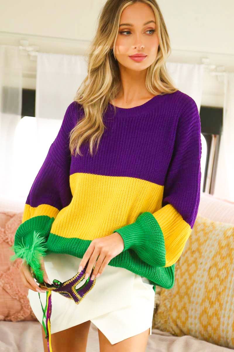 Color block Mardi Gras Round Neck Knitted Sweater